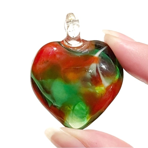 Large Art Glass Heart Necklace Pendant Red Green White Holiday Christmas Swirl - Picture 5 of 11